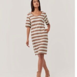 Pact organic cotton dress Twist back Brown white 3/4 sleeves knee length M
